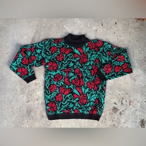 Black Vintage Mock Neck Floral Knit Sweater in Red and Teal